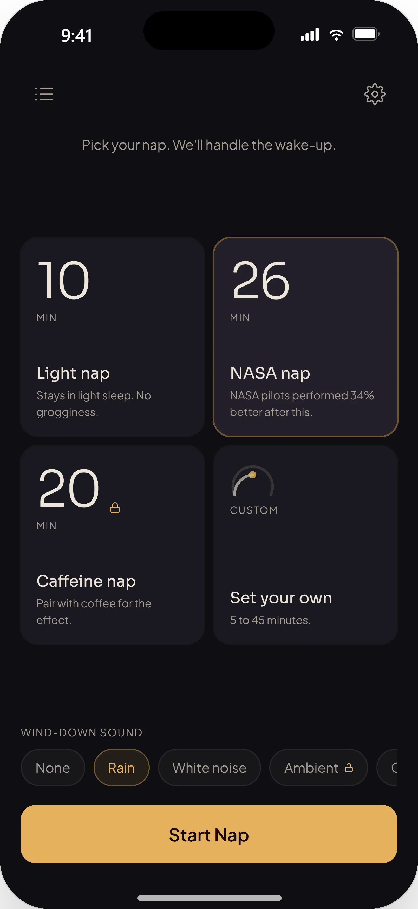 NapWise — pick your nap: 10-minute light nap, 26-minute NASA nap, caffeine nap, or custom