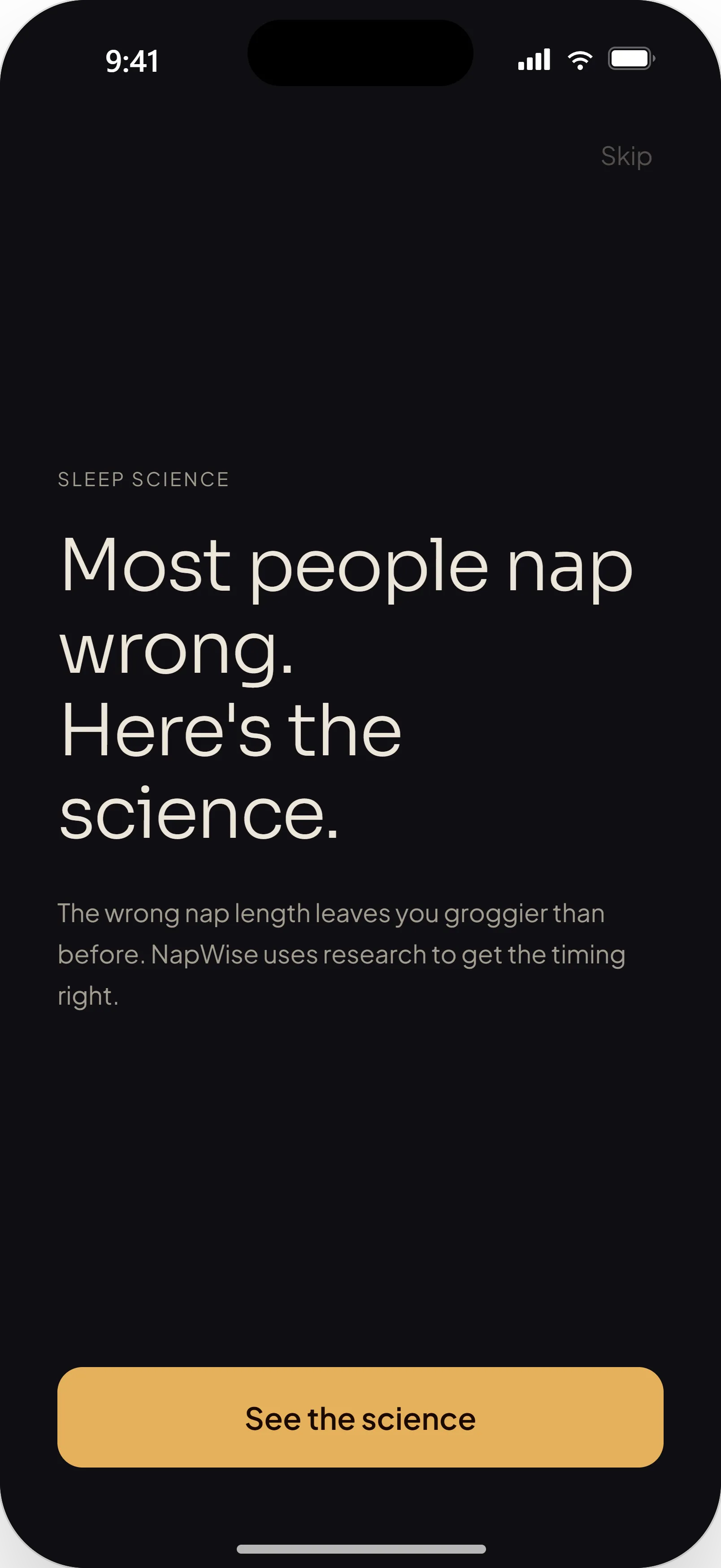 NapWise — sleep-science onboarding: most people nap wrong, here’s the science