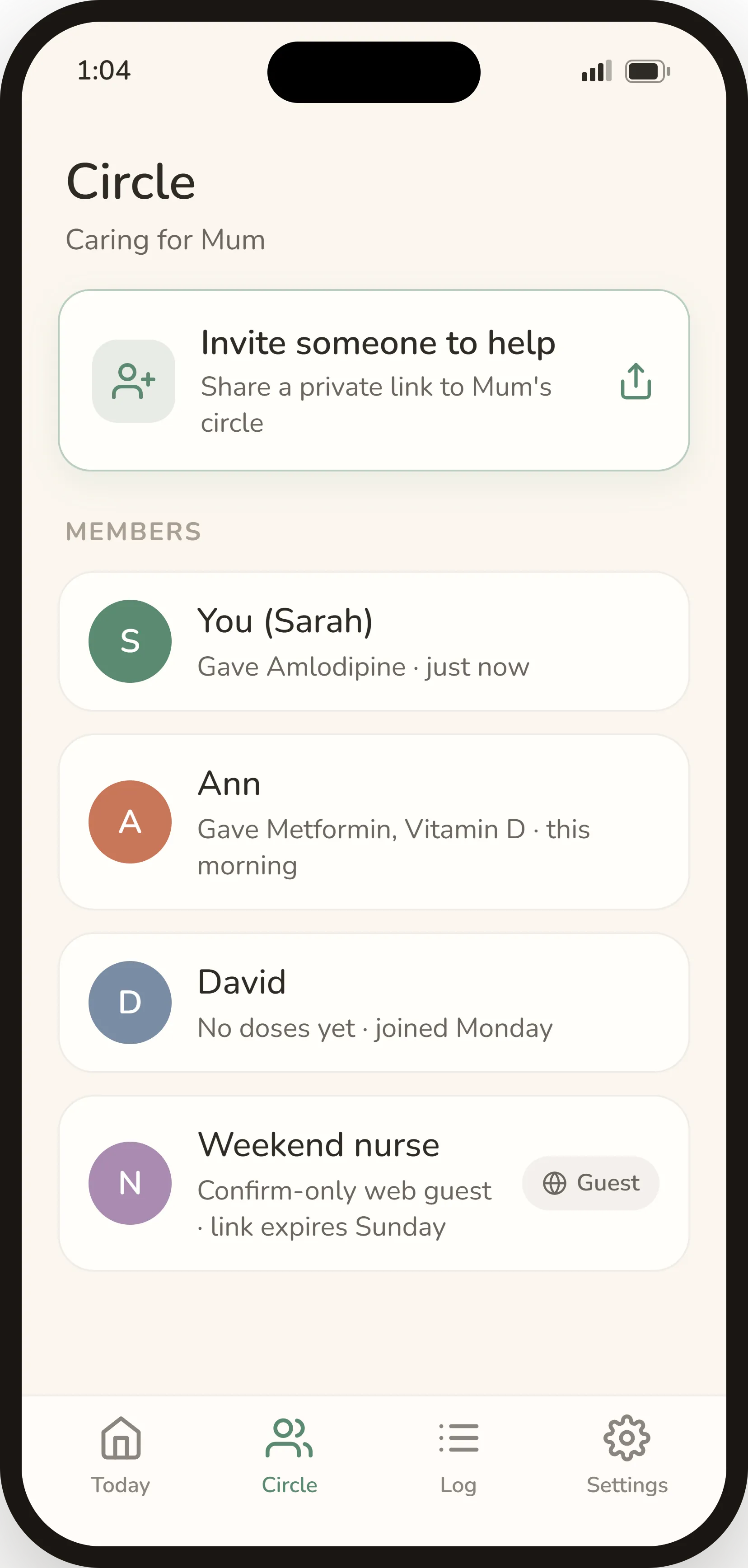 Wellnook care circle — members and a private invite link