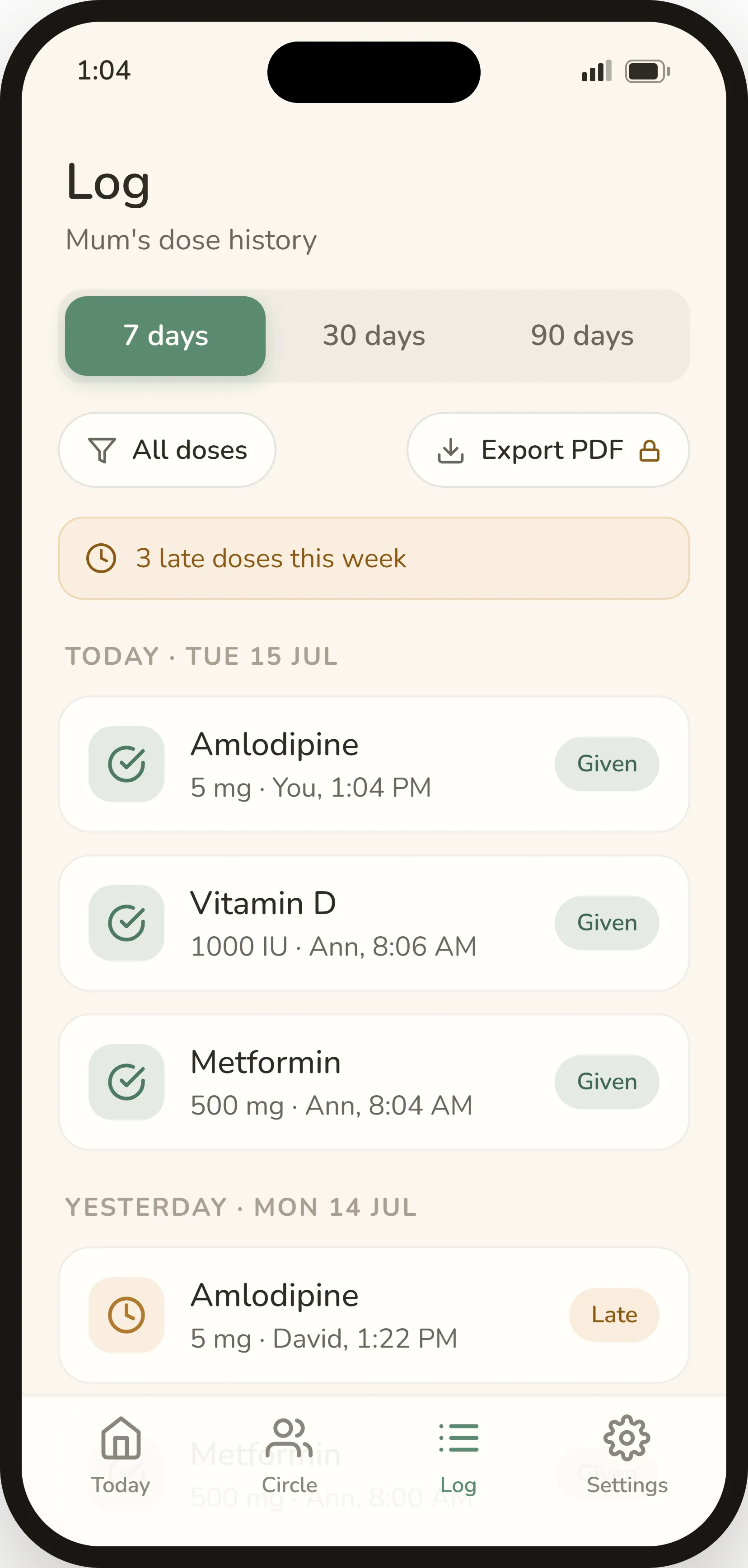 Wellnook log — dose history with 7/30/90-day toggle and PDF export