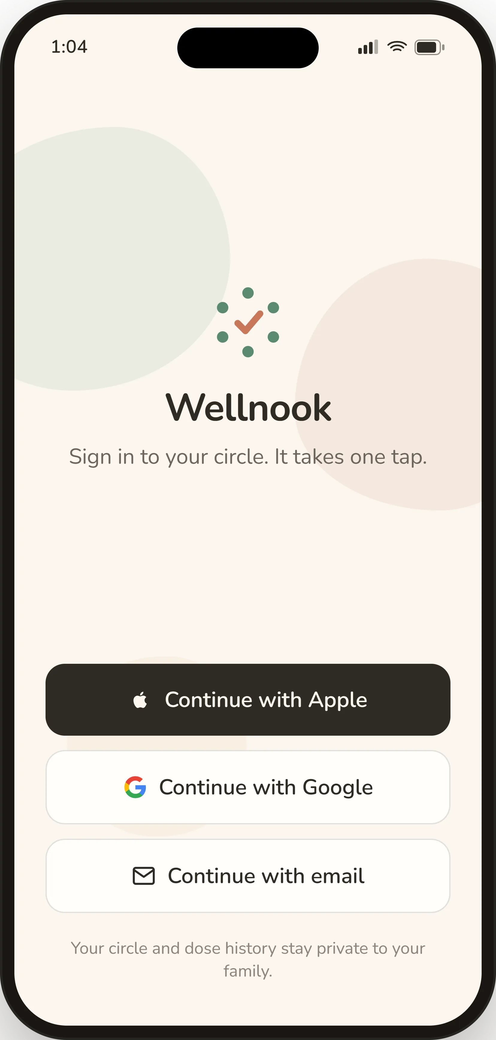 Wellnook sign-in — continue with Apple, Google, or email