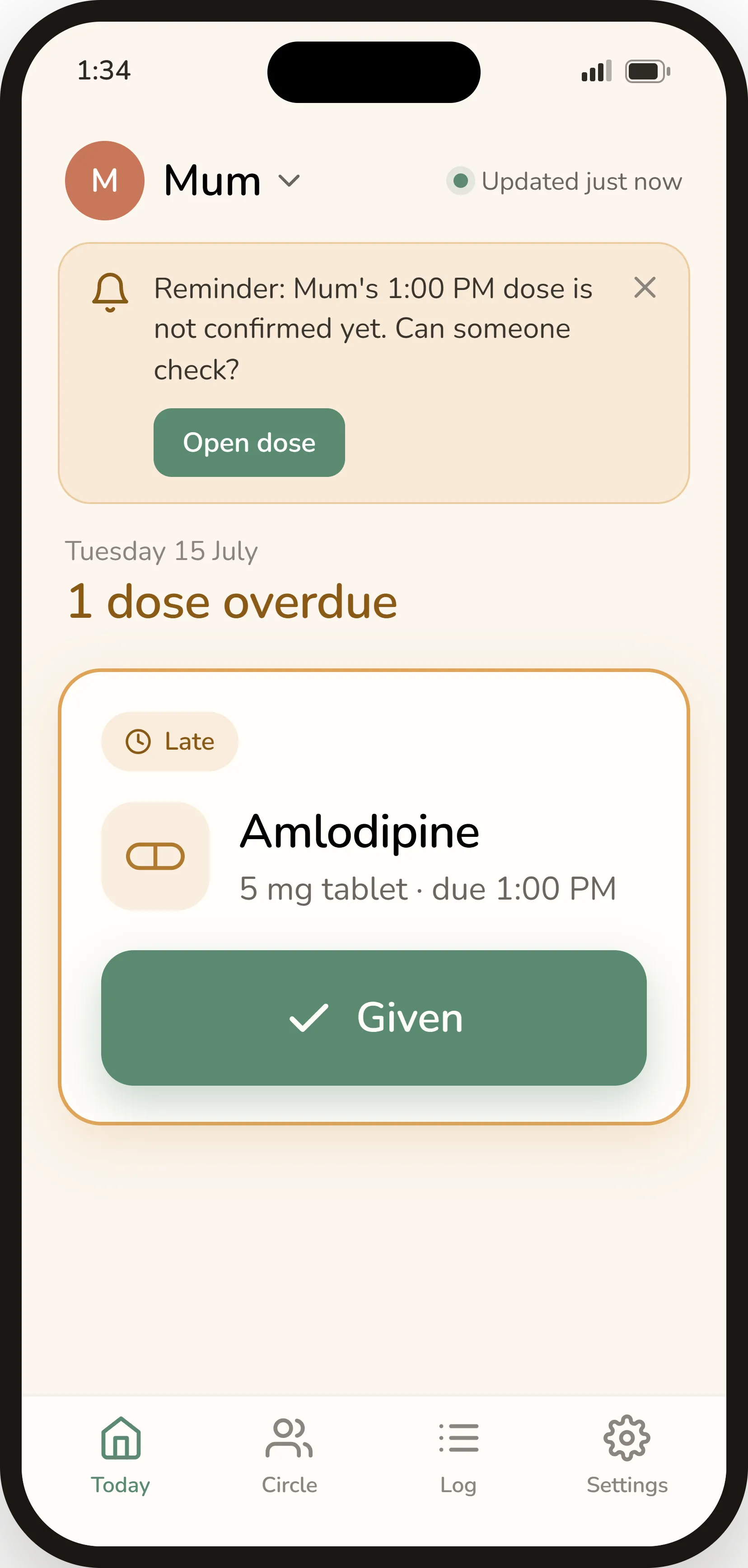 Wellnook Today view — an overdue dose with a large Given button